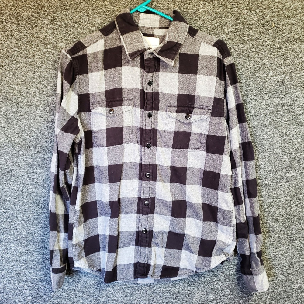 American Eagle Mens Gray Black Buffalo Plaid Flannel Button Down Shirt Medium